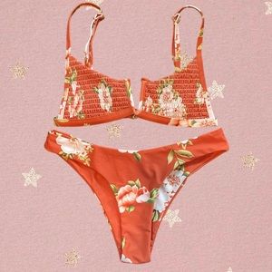 Floral Bikini Set Top and Bottoms Rust Orange Size S
